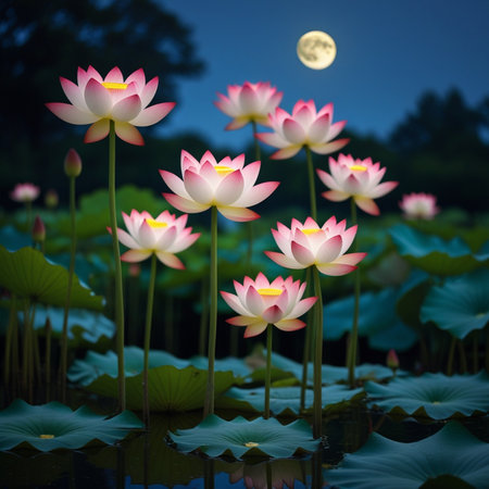Lotus flower and full moon at night with beautiful sky background.の素材