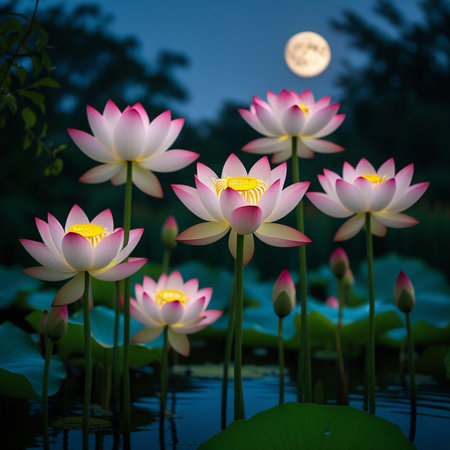 Lotus flower blooming in the pond with full moon background.の素材