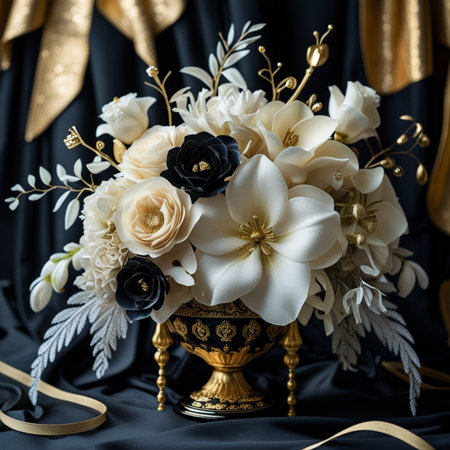 Bouquet of white and black flowers in a golden vaseの素材