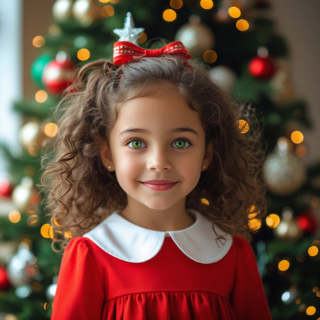 Portrait of a little girl in a red dress near the Christmas tree.の素材