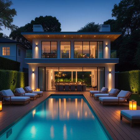 3d rendering of modern cozy house with pool and parking for sale or rent in luxurious style and beautiful landscaping on background. Clear summer night with many stars on the sky.の素材