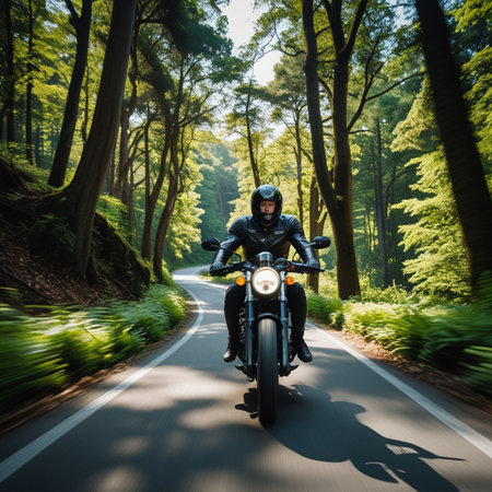 Cyclist riding a motorcycle on the road in the forest.の素材
