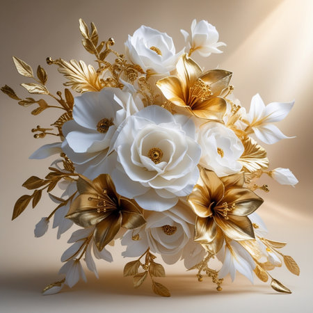 Beautiful bouquet of white flowers with gold ornaments.の素材