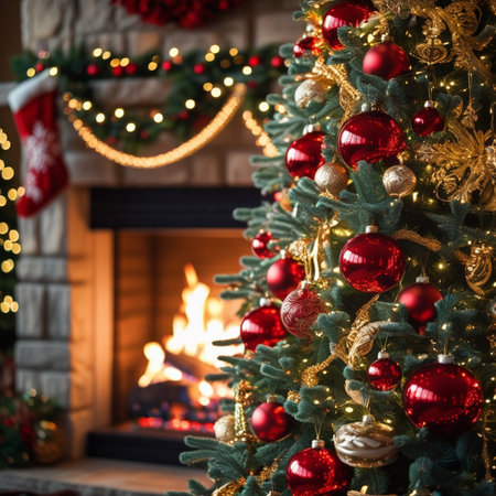 Beautiful Christmas tree in front of the fireplace. Christmas background.の素材