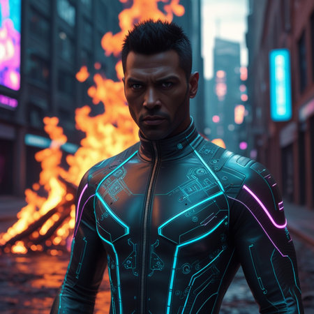 3D Illustration of a male cyborg in a futuristic suitの素材