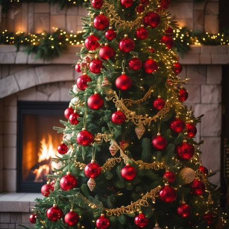 Christmas tree decorated with red and gold balls and garlands in front of fireplaceの素材