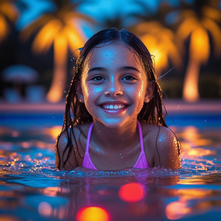 Portrait of a cute little girl in swimming pool at night.の素材