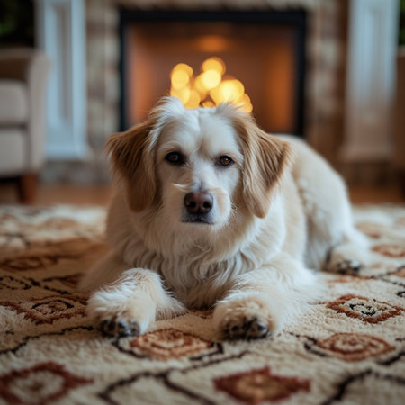 Golden Retriever lying on a carpet in front of a fireplaceの素材