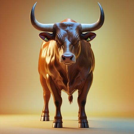 Bull statuette on yellow background. 3d render illustration.の素材