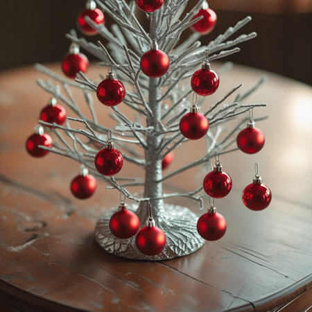 Christmas tree with red balls on a wooden table. Vintage style.の素材