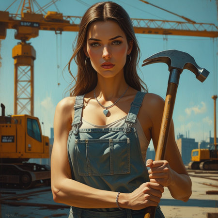 portrait of a beautiful girl in overalls and with a hammer on the background of the construction siteの素材