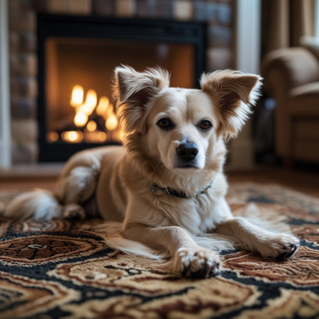 Portrait of a cute dog in front of a fireplace at homeの素材