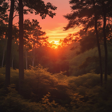 Sunset in the forest. Beautiful nature background. Vintage filter.の素材