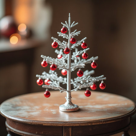 Christmas tree with red baubles on a wooden table in a living roomの素材
