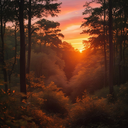 Sunset in the forest. Beautiful nature background. Sunrise in the forest.の素材