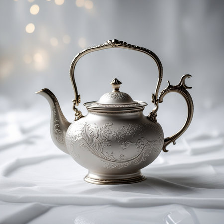 Antique silver teapot on a white background with bokehの素材
