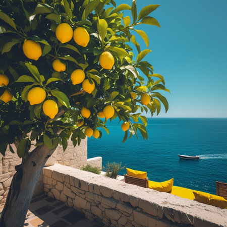 Lemon tree with ripe yellow lemons on the background of the Mediterranean seaの素材