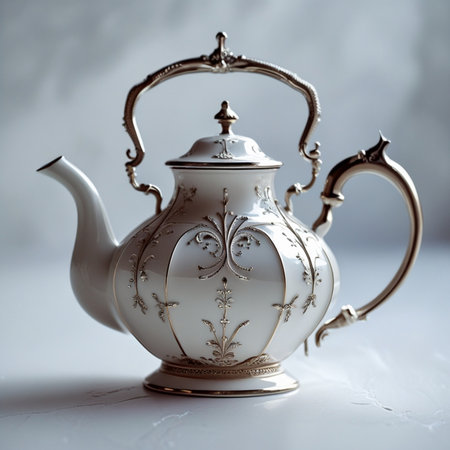 Antique porcelain teapot on a white background.の素材