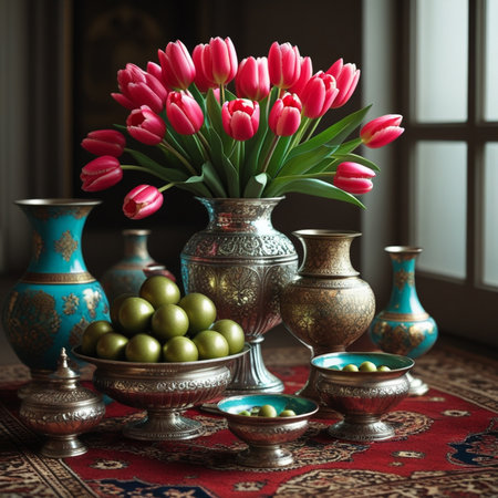 Easter still life with tulips and eggs. Selective focus.の素材