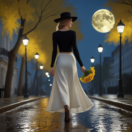 Beautiful young woman with a bouquet of flowers in the city at nightの素材