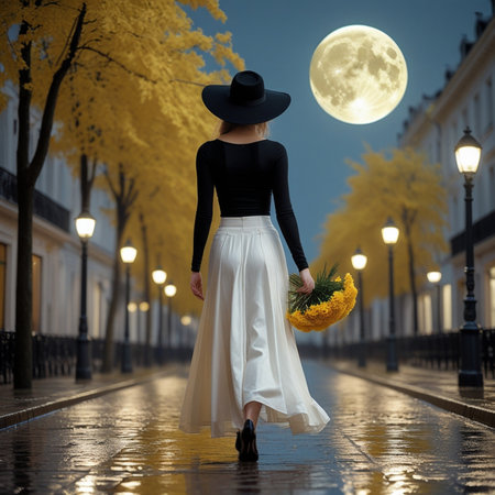Girl in a hat with a bouquet of yellow flowers in her hands on the background of a full moon.の素材
