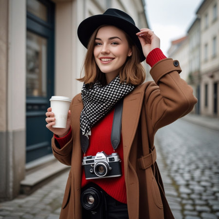 Beautiful young woman in hat and coat holding cup of coffee and camera on streetの素材