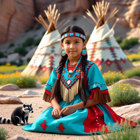 Little Indian girl in traditional dress sitting in front of her teepeeの素材