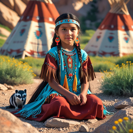 American Indian girl in traditional costume sitting on the ground and looking at cameraの素材