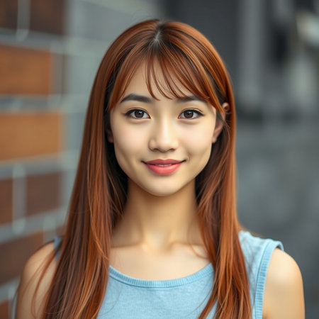 beautiful asian woman smiling and looking at camera in the cityの素材