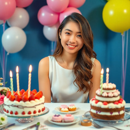 Beautiful young Asian woman celebrating her birthday with cake and balloonsの素材