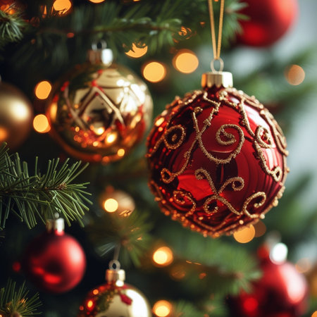 Christmas tree with red and gold baubles on blurred lights backgroundの素材