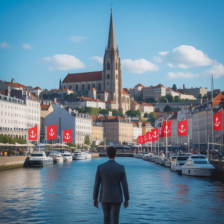 A man in a business suit is looking at the old town of Lyon, France.の素材
