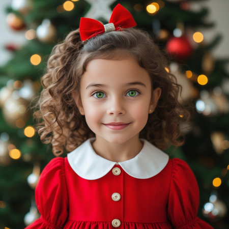 Portrait of a beautiful little girl in a red dress on the background of the Christmas tree.の素材