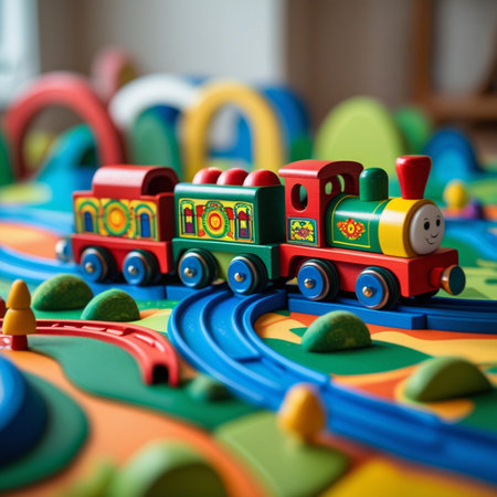 Wooden toy train on a colorful background. Close-up.の素材