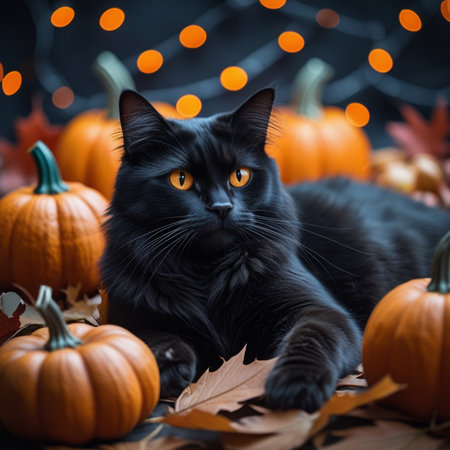Black cat lying on autumn leaves with pumpkins and lights on backgroundの素材