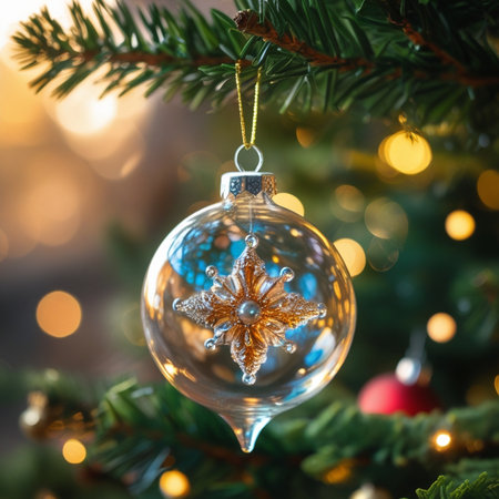 Christmas and New Year background. Decorated Christmas tree on blurred lights backgroundの素材