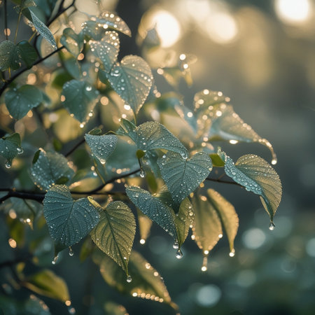 Morning dew on the leaves of a birch tree in the sunlightの素材