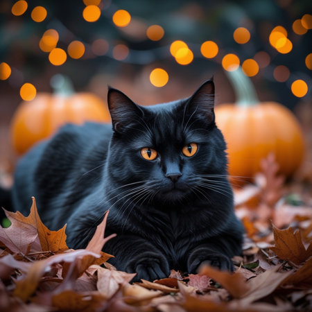 Black cat lying on autumn leaves in front of pumpkin and bokehの素材