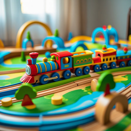Children's toy train on a wooden background. Selective focus.の素材