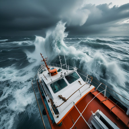 Aerial view of stormy sea waves crashing on a boat.の素材