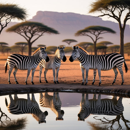 Three zebras drinking at a waterhole in Namibia, Africaの素材