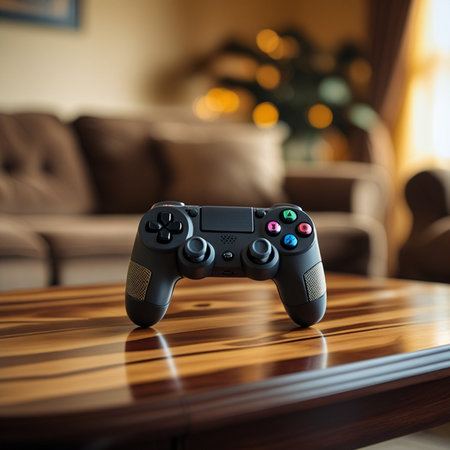 video game controller on a wooden table in the living room at homeの素材