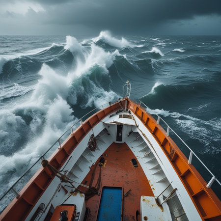 Fishing boat in stormy sea. Epic seascape.の素材