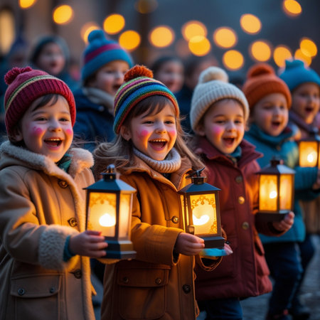 Group of happy kids with lanterns on christmas market in Germanyの素材