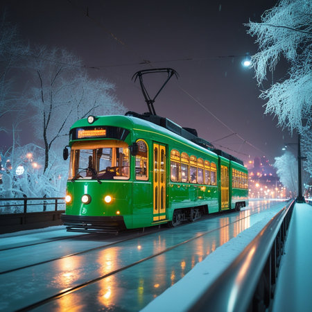 Tram on a snowy winter street at night, Moscow, Russiaの素材