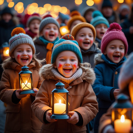 Children with lanterns on Christmas market in Vilnius, Lithuaniaの素材