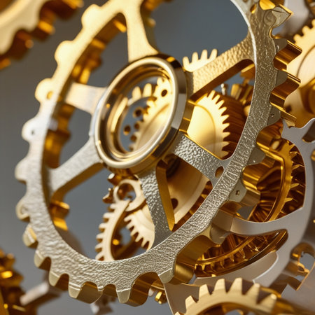 Golden gears and cogs on a gray background. 3d renderingの素材