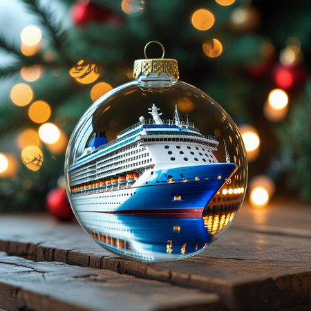 Christmas glass ball with cruise ship on wooden background. Christmas decoration.の素材