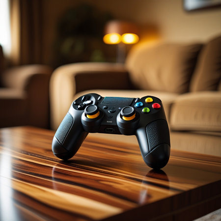 Modern video game controller on a wooden table in the living room.の素材