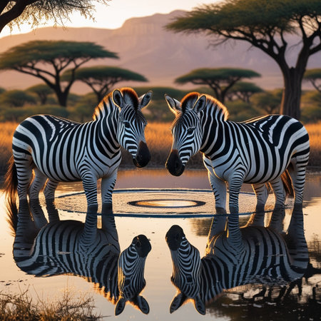 Two zebras drinking at a waterhole in Serengeti National Park, Tanzaniaの素材